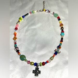 925 Cross Choker Necklace Silver Tone Multi Color Beads